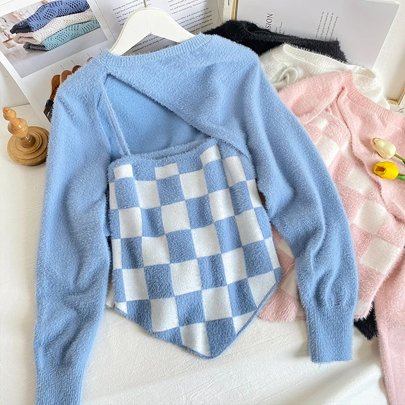 

Short Loose Long Sleeve Knit Sweater Plaid Sling Two-Piece Set woman sweaters crop sweater sweater women argyle sweater