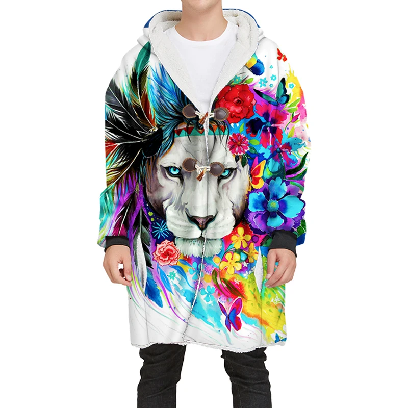 

3D Galaxy Animal Lion Coats Male Winter Autumn Thicken Harajuku Casual Sing-breasted Coat Men Coats Hooded Plus Size XL-4XL