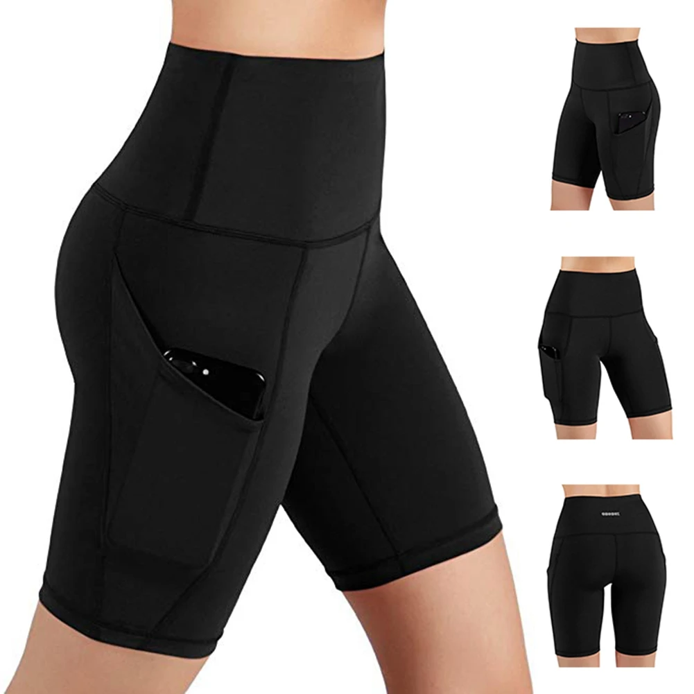 

2021 New Women Sport Yoga Skinny Shorts Casual High Waist Solid Color Jeggings with Phone Pockets for Yoga Fitness