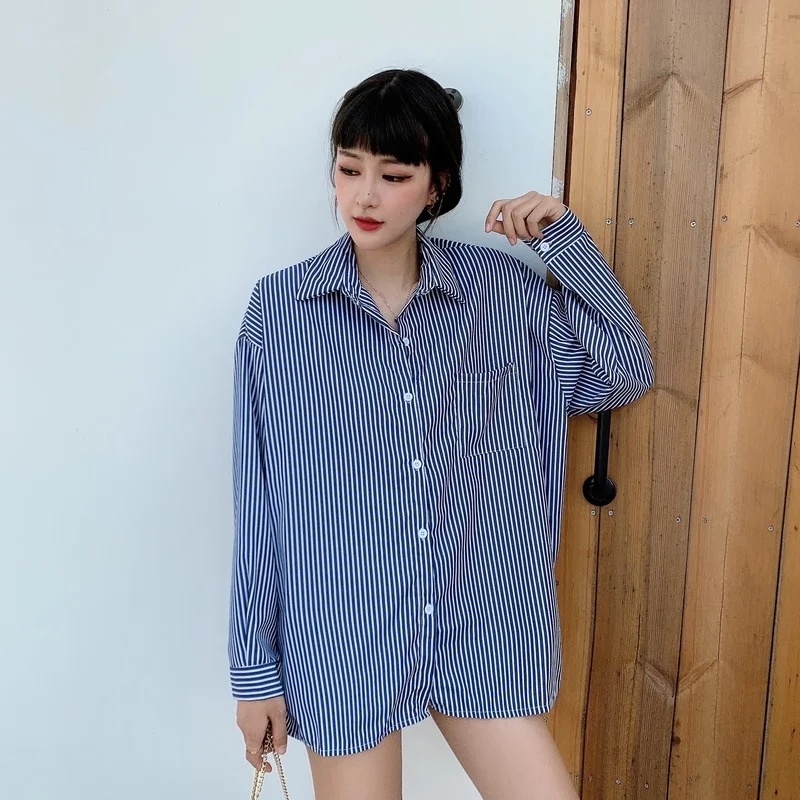 

New Long-sleeved Blouse Lapel Plus Size Buttons Stripe Fashion Blouses Women's Tops Comfortable Casual Korean Shirt