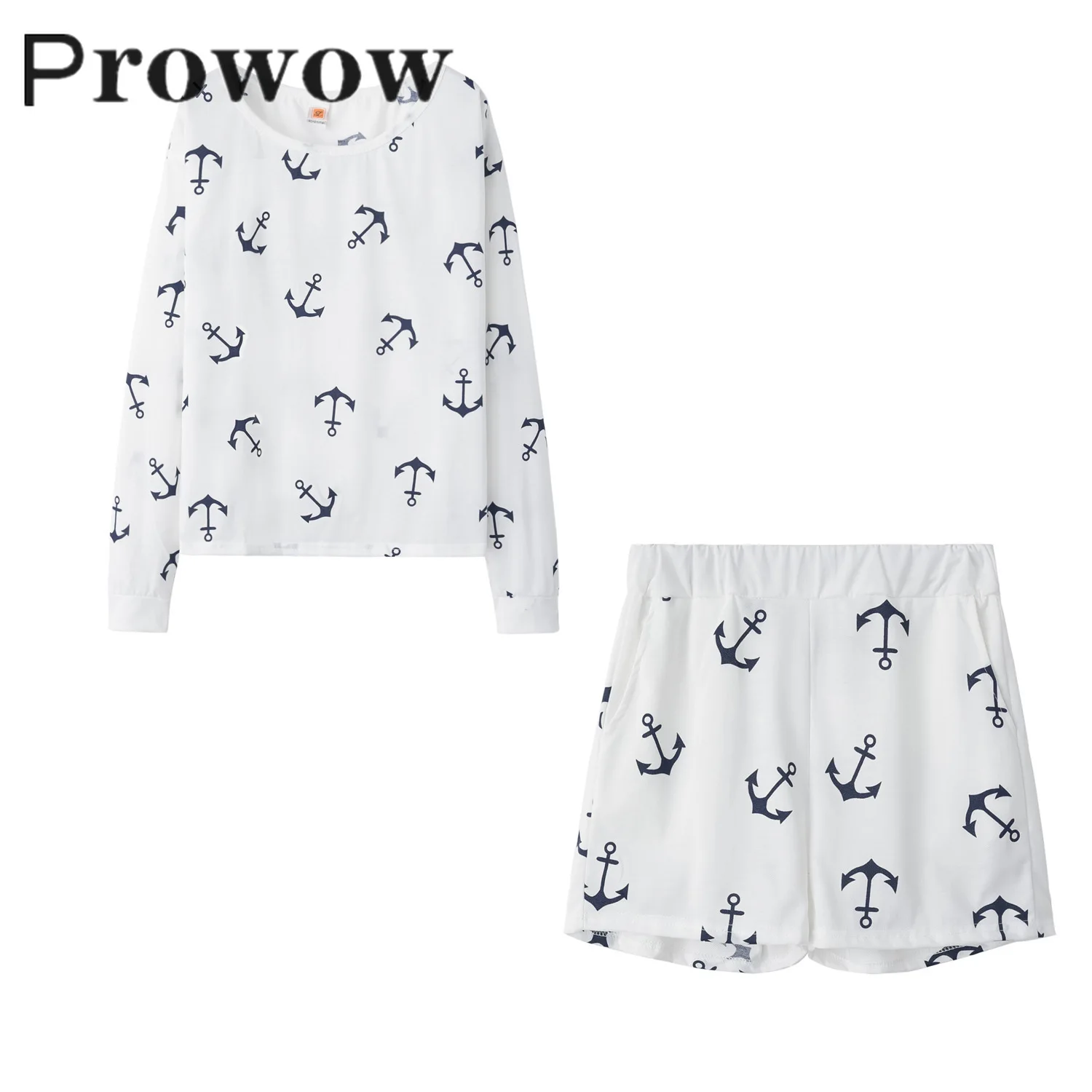 

Prowow boat anchor print casual two piece set women slash neck sexy Tracksuit Suit long Sleeve female Pocket slim loose pant set