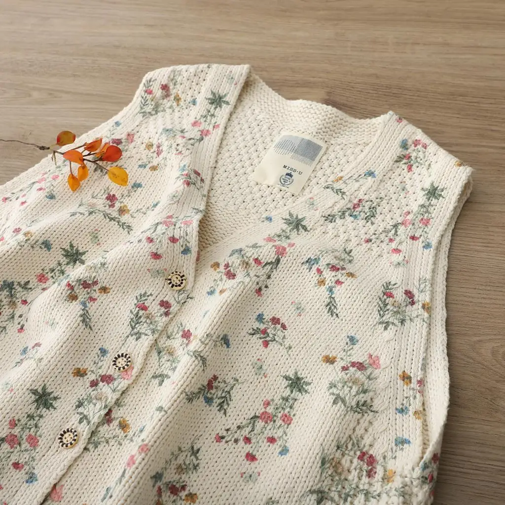 

Retro Pastoral Style Fresh Print V-Neck Knitted Vest Small Floral Sweater Vest Cotton Vest Autumn Winter New