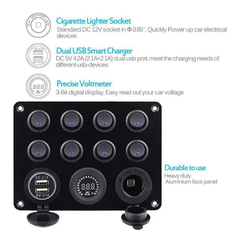 

8 Group ON-OFF Rocker Switch Panel Dual USB Charger Socket for RV Car Boat