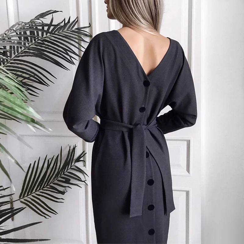 Women Sexy V Neck Sashes Button Dress Ladies Long Sleeve Party Midi Autumn Winter Casual Loose Elegant Dresses YL37 | Женская одежда