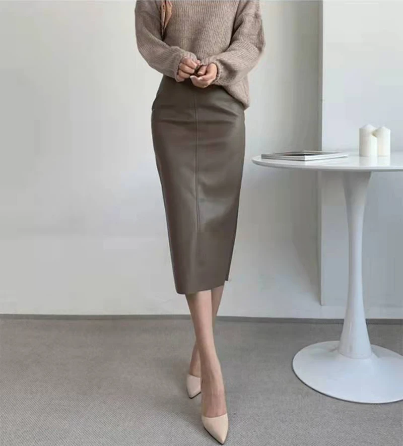 

Coffee Color PU Leather Skirt 2022 High Waist Vintage Mid-length Skirt Sexy High Waist Bodycon Split Skirt Office Pencil Skirt