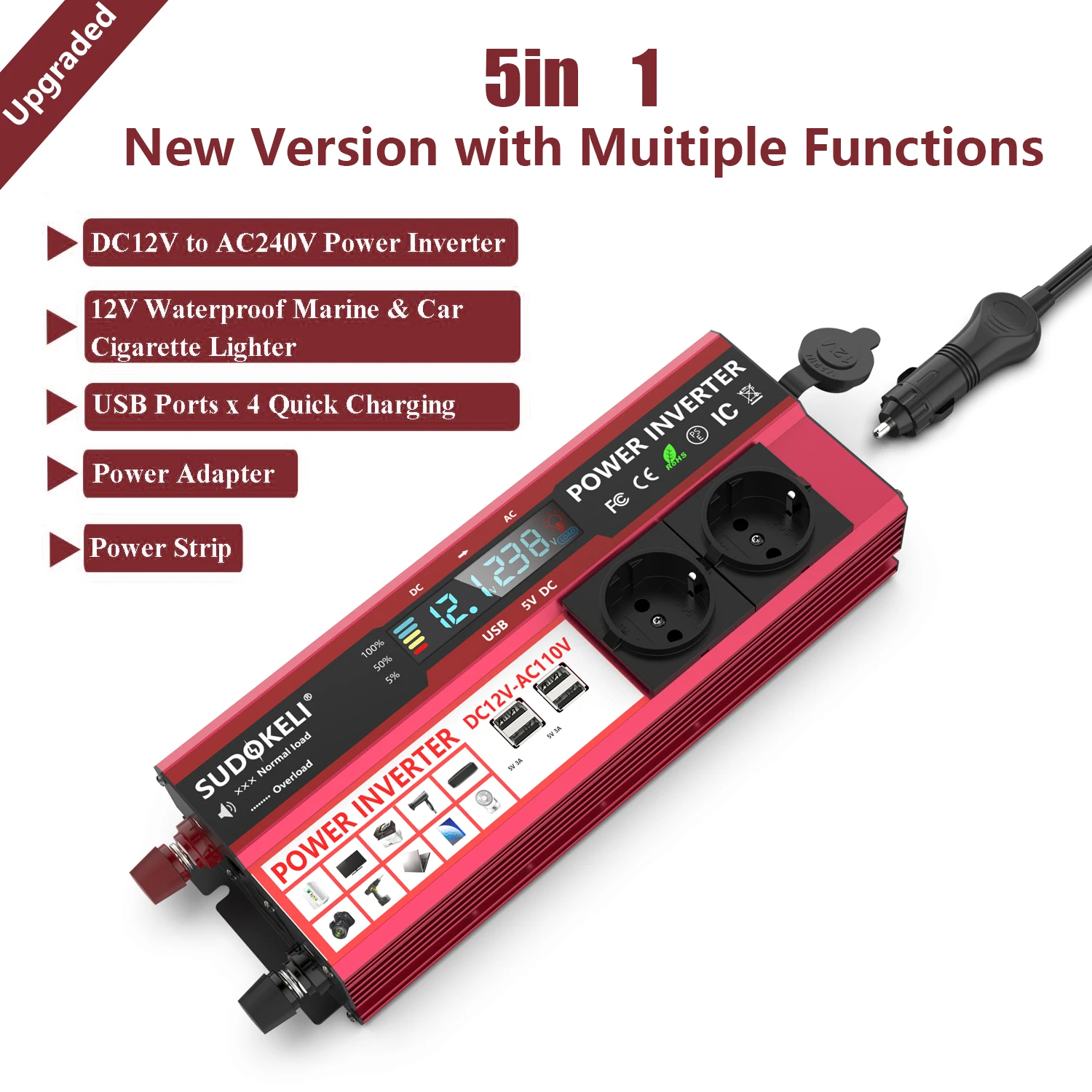 Автомобильный инвертор 12V 24V 2000W Инвертор Трансформатор напряжения DC12V от acsmart 220V преобразователь 4 USB светодиодный дисплей дома