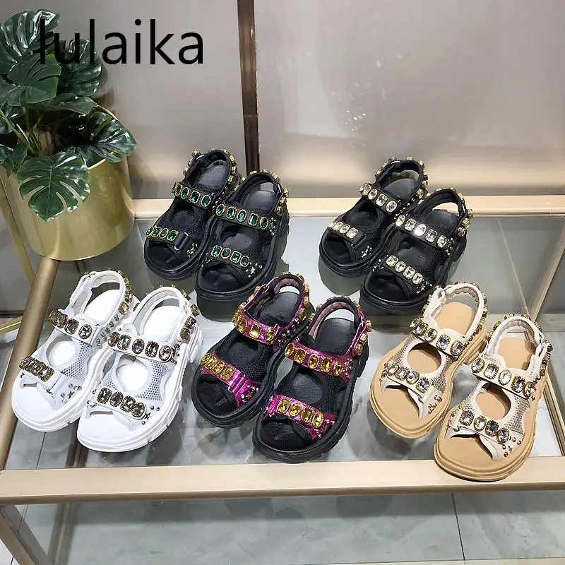 

Women Flat Sandals Thick Rhinestone Casual Genuine Leather Open Toe Platform Crystal Luxury Brand Summer Fashion Beach Shoes