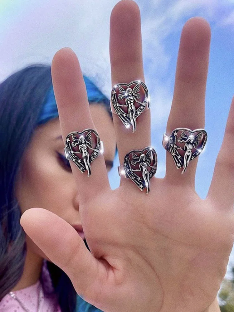 

Vintage Silver Plated Angel Wings Ring for Womens Gothic Steampunk Party Anniversary Ring Adult Women's Jewelry