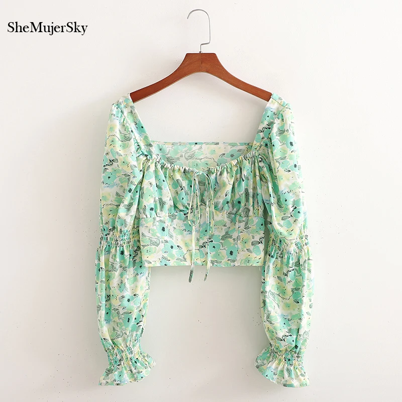

SheMujerSky Women Square Collar Green Print Blouses 2021 Long Sleeve Cropped Tops Backless Shirts blusas