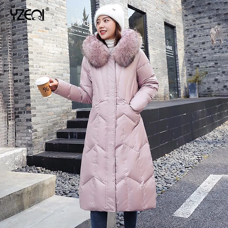 Yzeqi Long Coat Winter Warm Jacket Women Two Size Wear Warm Fur Collar Hooded Parka Long Cotton Hooded Jacket Thick Down Coat