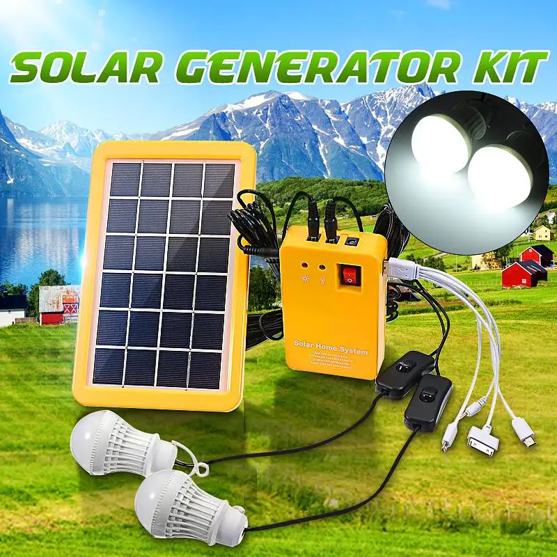 

3W Solar Panel Emergency Light Kit Solar Generator 4 Heads USB Charger Cable with 2 LED Light Bulb for Outdoor Camping