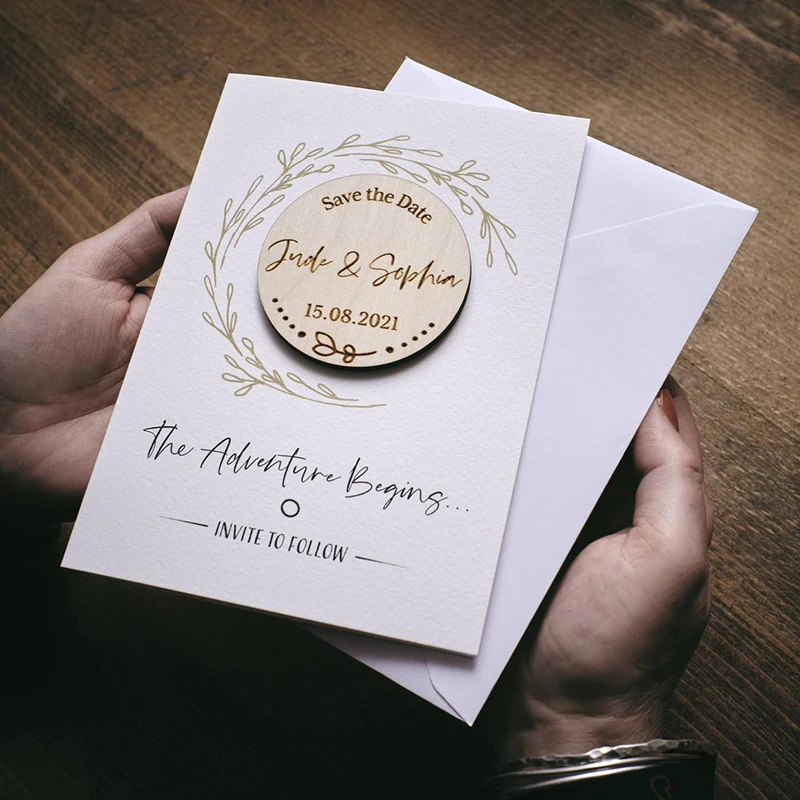 

Exquisite and simple wooden save date magnet Memorial save date