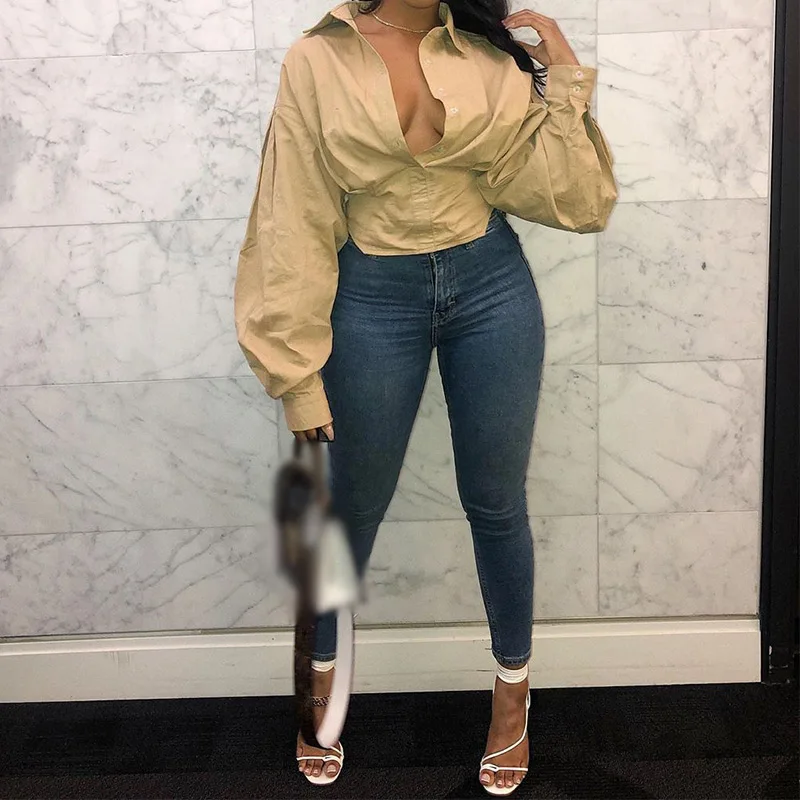 

Plus Size Irregular Sexy Women's Shirt Long Lantern Sleeve Turn-down Collar Female Shirt 2021 Autumn Solid Streetwear Lady Top