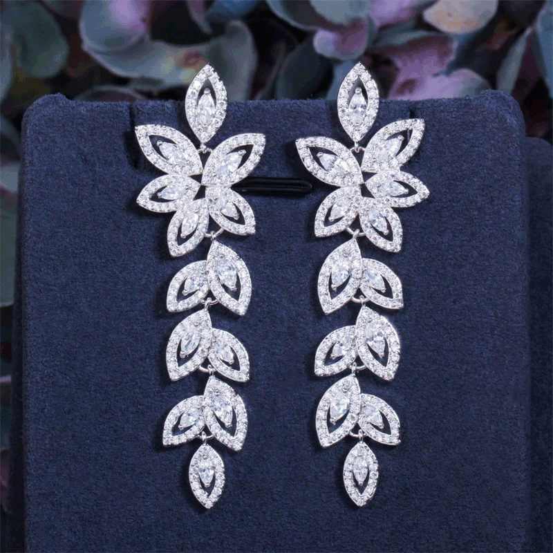 

Elegant White Marquise Cubic Zirconia Hypoallergenic Earrings Cluster Leaf Long Drop Dangling Earrings For Women Wedding Jewelry