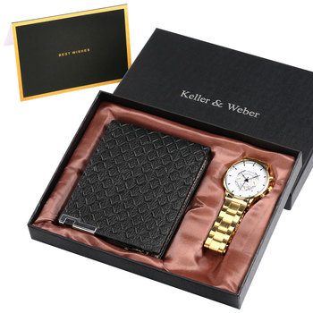 Noble Gold Men's Watch Minimalist Quartz Dial Wristwatch Folding Buckle Fashion Leather Wallet Birthday Gifts for Man with Box-37278