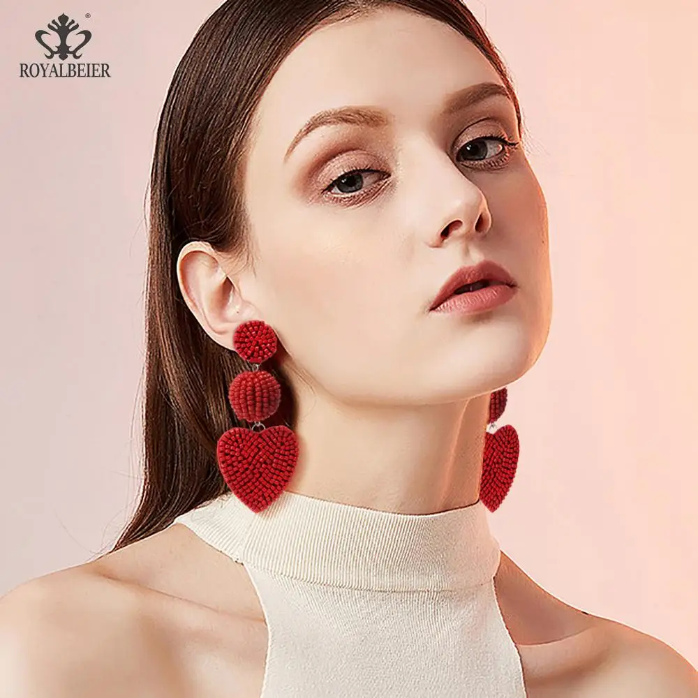 

ROYALBEIER Bohemia Long Ball Pendant Hanging Earrings Jewelry Handmade Beads Love Heart Drop Earrings For Party Wedding Gifts
