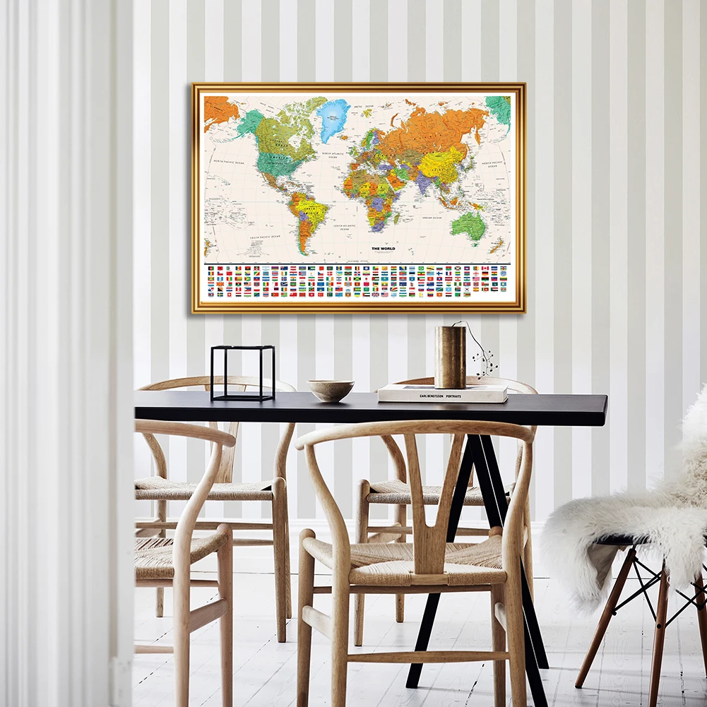 

59*42cm The World Political Map with National Flags Poster Decor Vintage Canvas Painting Home Decoration School Supplies