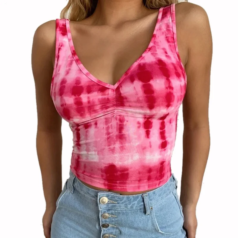 

2020 Summer Tank Top Tie Dye Print Women Sleeveless Sexy V-neck Slim Casual Short Tops Basic Female Streetwear Plus Size Blusas