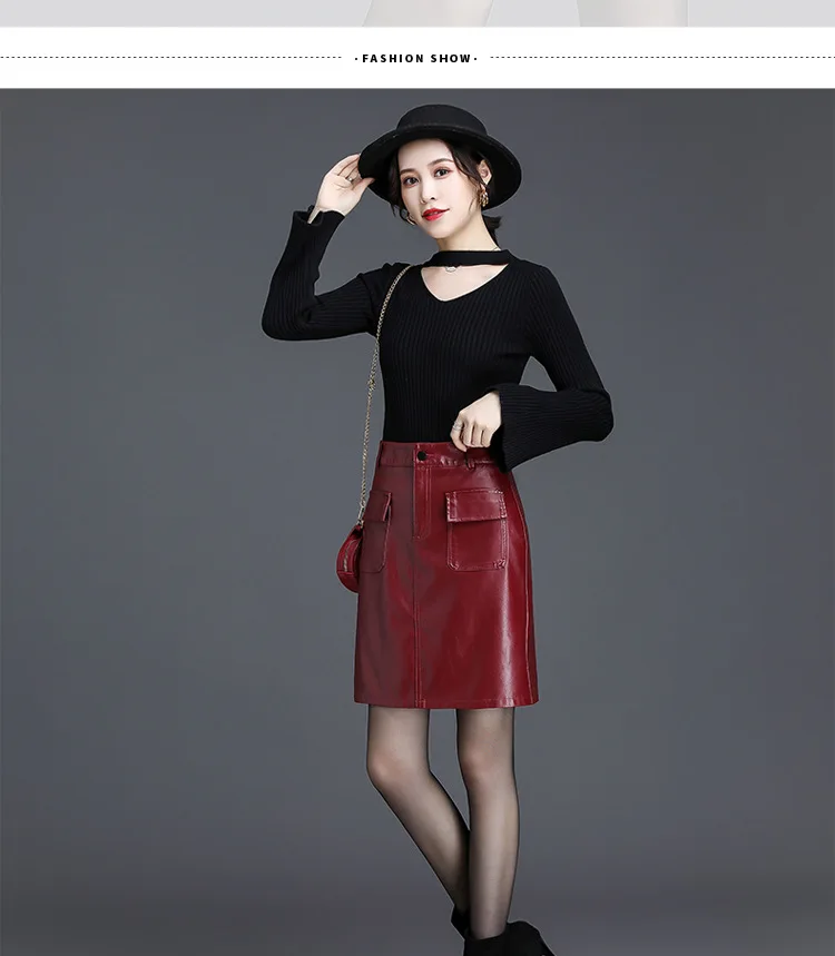 

Women 2020 Autumn Winter High Waist Slim A-line PU Leather Skirt Office Lady Plus Size Faux Leather Red Black Half Skirt M-4XL
