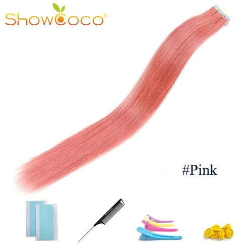 Pink -20 Pcs ShowCoco лента в Пряди человеческих волос для наращивания натурального волос 20/40 шт, смешанные цвета, Цвет горячие головы для наращивания блеск коричневого до блондинка ленточных накопителей - Цвет: Pink -20 Pcs