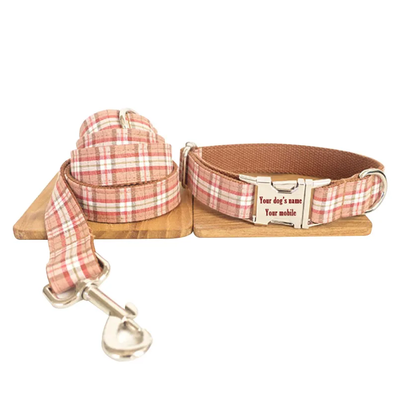 

Hot Sale 120cm Long Fashion Cotton&Nylon Rope Dog Leash Elegant Grid Plaid Design Puppy Dogs Collar+Leash Sets Pet Products