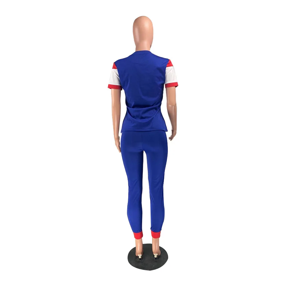 

Color Block Spliced Casual Two Piece Suits Women's Set Short Sleeve Slim Fit T-shirts and Fitness Pant Legging Matching Outfits