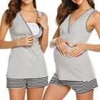 Пижама для беременных, 2 шт., безрукавка для беременных + шорты в полоску, пижамный комплект