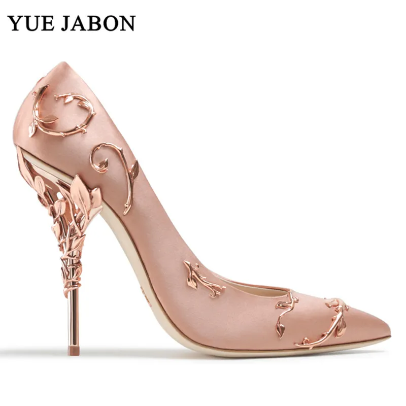 Gold Sexy Mental Heels Wedding Shoes Women Leaves Heel Design Pointed High Fashion Luxury Pink 10cm