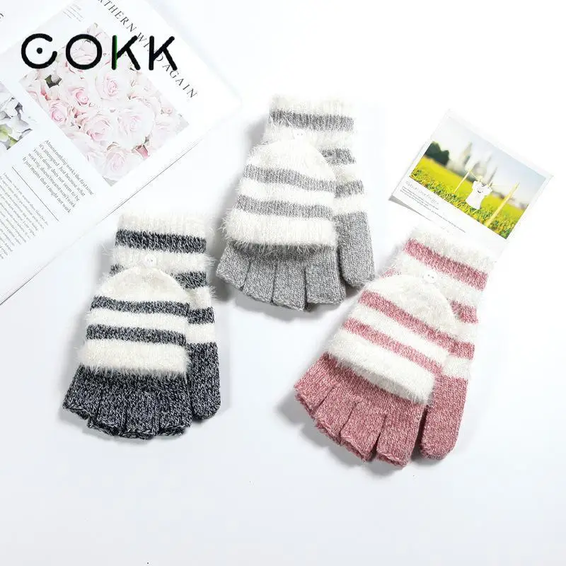 COKK Women Fingerless Gloves Cute Faux Rabbit Fur Stripe Knitted Gloves Female Winter Knitting Warmer Wrist Hand Gloves Mitten