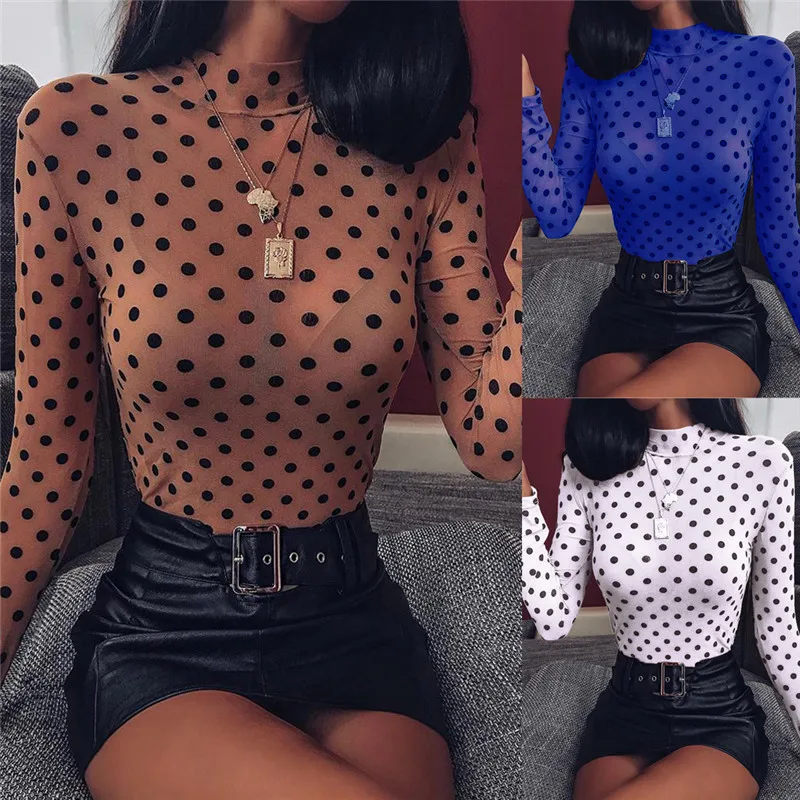 

New Polka Dots Print Sheer Mesh Top Tee For Women Casual T-shirts Lady Long Sleeve Perspective Turtleneck Slim Party Clubwear