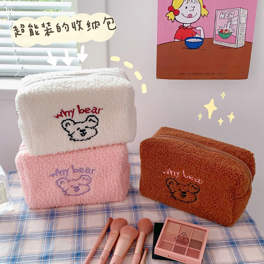 

Большой Вместительный плюшевый чехол с корейским медведем для макияжа для женщин, дорожный органайзер для косметики, милый студенческий ка...