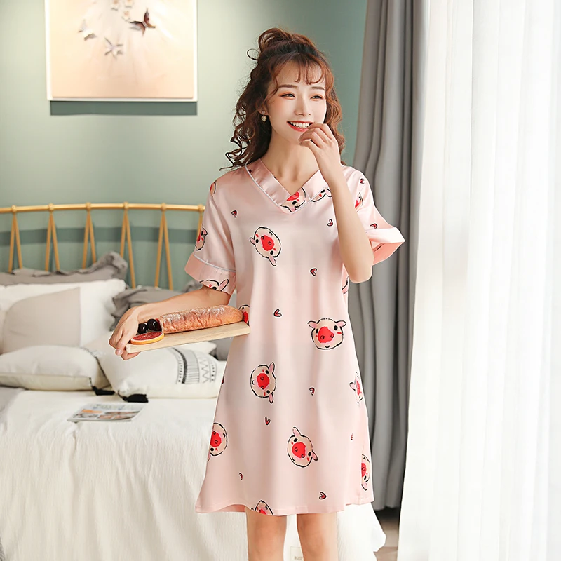 

Silk Short Sleeve V-neck Nightdress For Women Cartoon Nightgowns Sleepshirts Femme Nightshirts Sleepwear Satin Sexy Nightwear