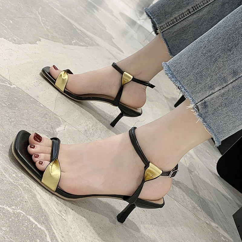 

5 cm Fashion Narrow Band Summer Sandals Women Thin High Heels Shoes Elegant Square Toe Ankle Buckle Strap Party Shoes Woman