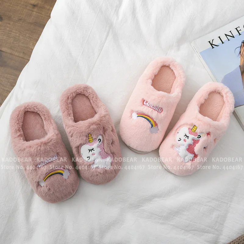 Зимняя домашняя обувь с рисунком единорога из плюша мехом для детей домашние