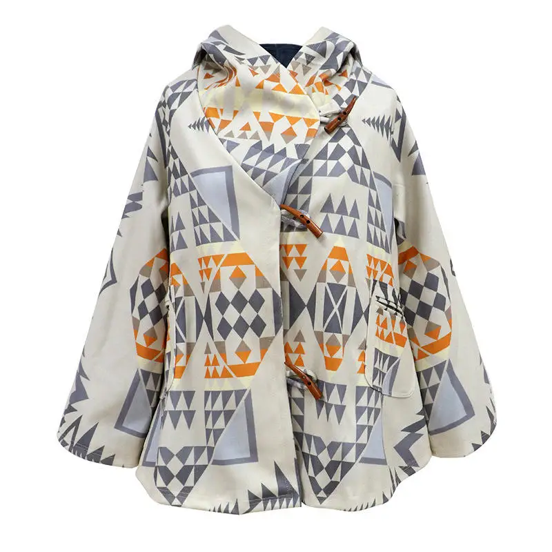 

Women Ladies Autumn Winter Casual Printing Long Sleeve Lightweight Hooded Overcoat Jacket Button Down Baggy Outerwear