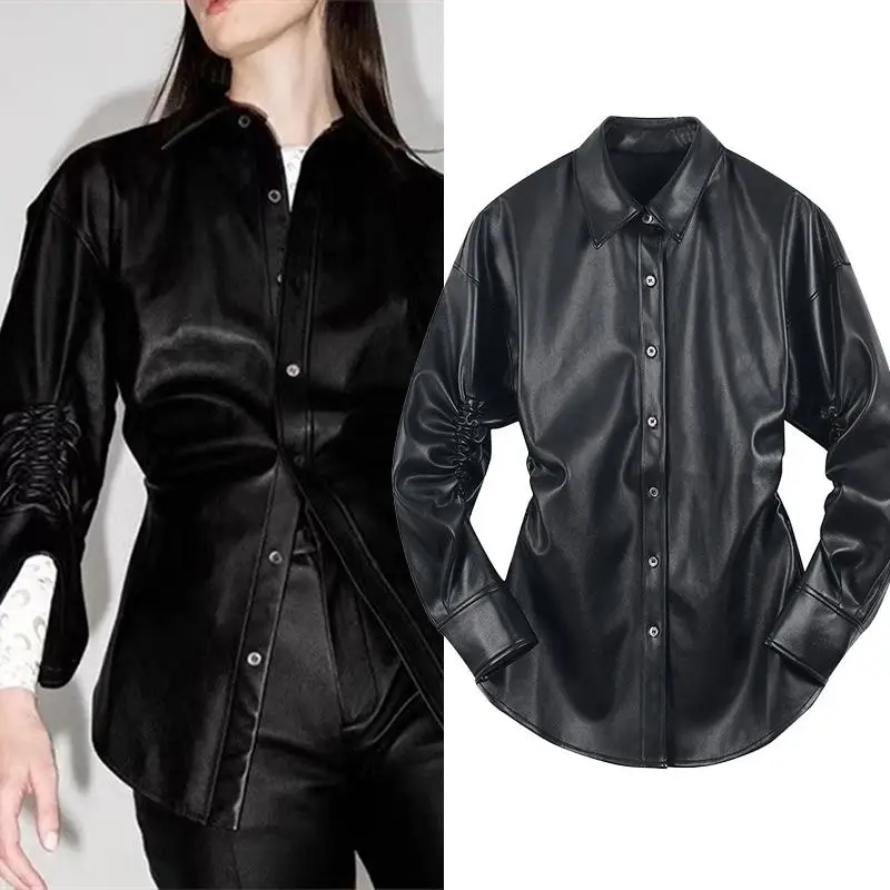 

spring 2021 Early new style Lapel temperament black irregular sleeve pleated leather women's coat