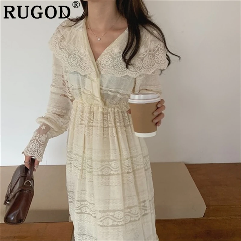 Женское длинное платье RUGOD элегантное кружевное с v образным вырезом и рукавами