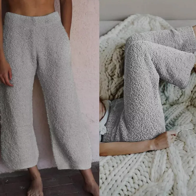 

Women Elastic Wool Fleece Warm Pants High Waisted Wide Leg Home Straight Pants Female Loose Casual Solid Trousers Size S-XL