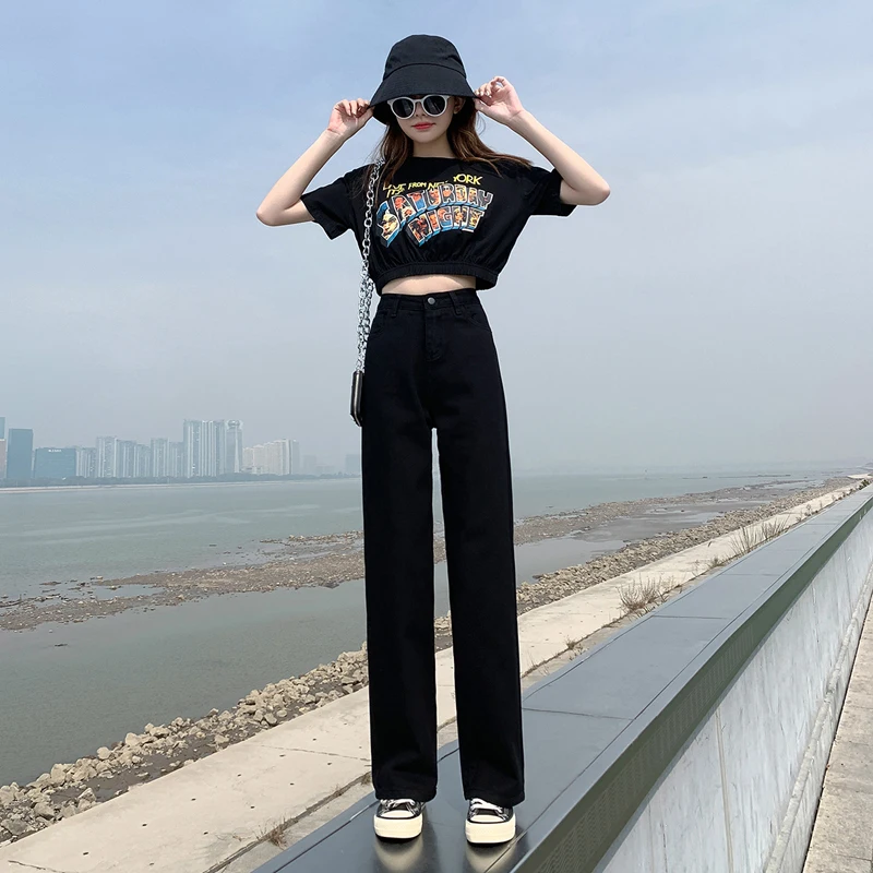 

Limiguyue Spring Autumn Women Pants High Waist Straight Black white pants Pockets Fashionable female Wide Leg Long Trousers K605