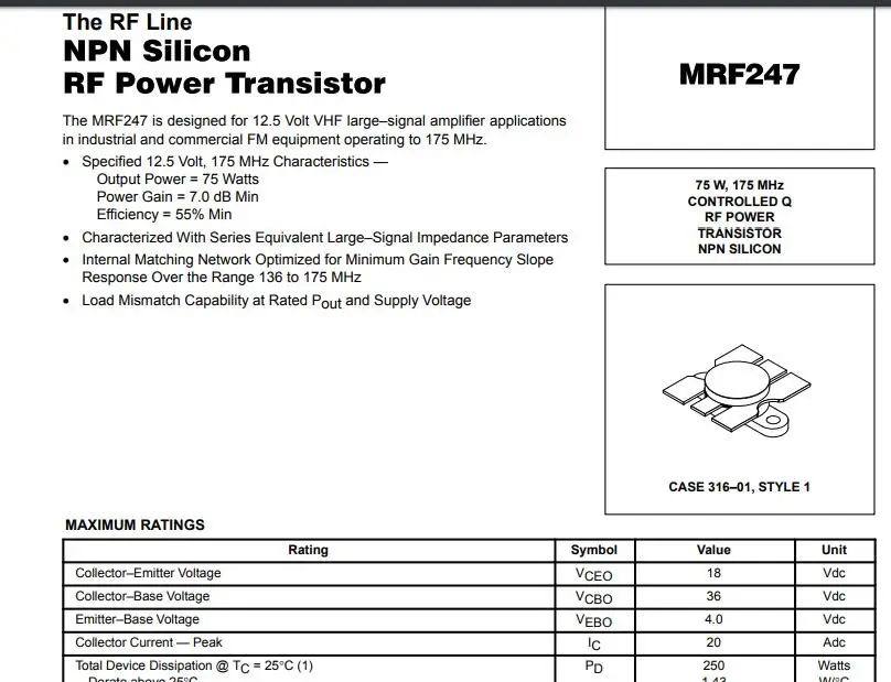MRF247 MRF 247 75 Вт 175 МГц управляемый Q радиочастотный силовой транзистор NPN SILICON новый