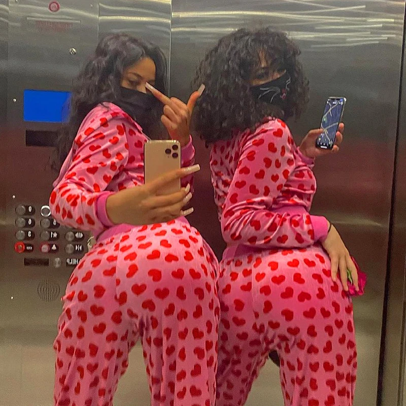 

Женский спортивный костюм из двух предметов, толстовка с капюшоном и штаны на шнуровке с милым принтом сердца Y2k, корейский розовый спортивный костюм в стиле Харадзюку, 2021