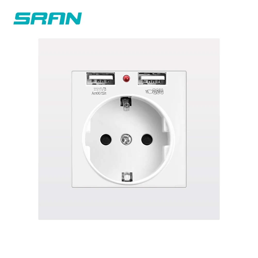  Розетка SRAN EU с usb для дома, двойная вилка USB 5V 2A PC Panel 86  86mm настенная розетка Usb Smart LED ON / OFF 16A Розетки 