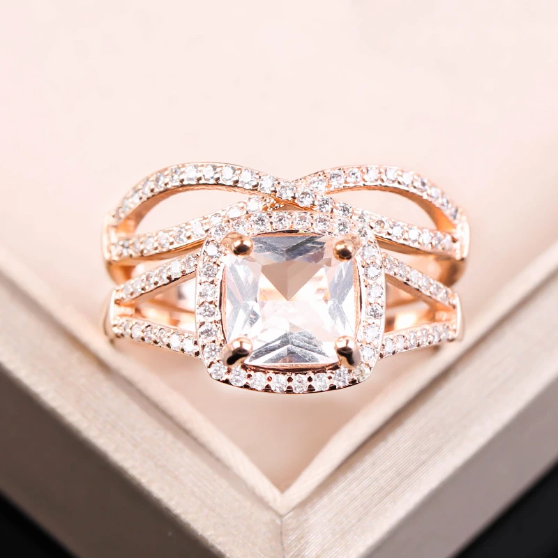 

Luxury Jewelry Rose Gold Zircon Rings For Women Exquisite Engagement Couple 0Wedding Set Female Wedding Band Gift