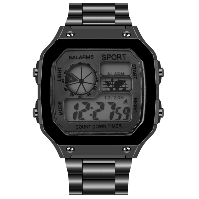 

Watches Men Waterproof LCD Colorful Cold Light Watch Stainless Steel Business Digital Watch 5 Alarm Clock World Time Watches