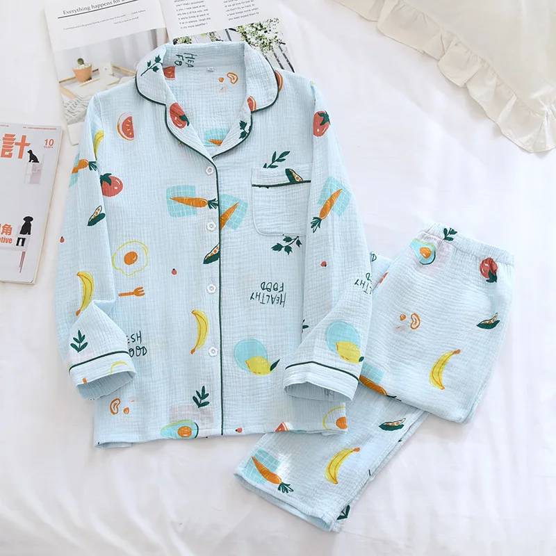Spring /Autumn Pajamas for Women Pure Cotton Crepe Soft Long Sleeve Sleepwear Thin Fresh Summer Pajamas Set for Ladies Comfort