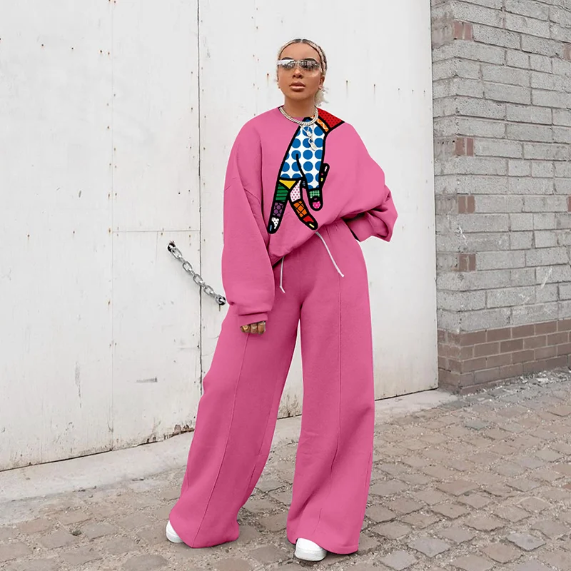 

Rose Red Print 2 Piece Outfits for Women Pants and Top Vintage Loose Long Sleeve Thin Fashion Clothes Spring Fall 2021 Plus Size