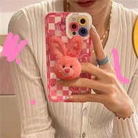 ins cute lattice cartoon rabbit bracket phone case for iphone 11 12 13 pro xs max x xr 7 8 plus pink soft shockproof back cover