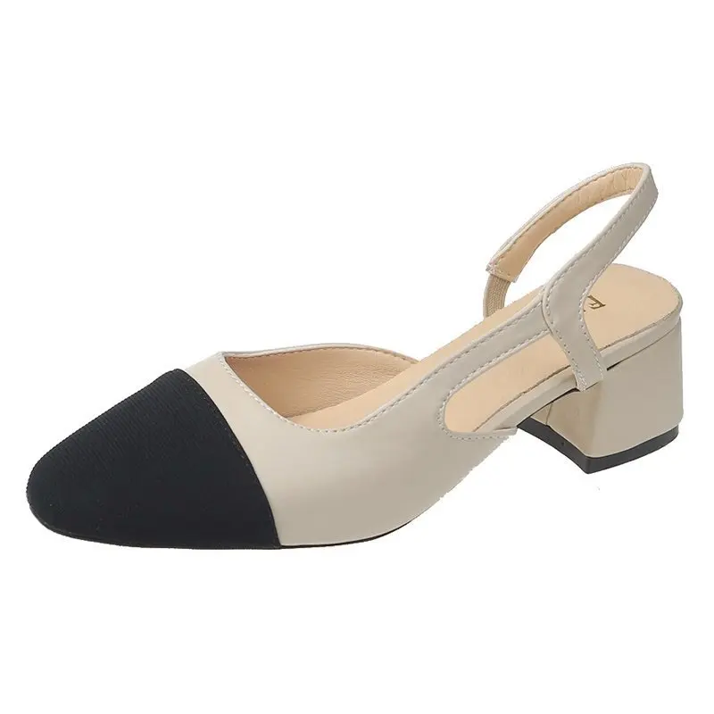 

Female Sandal Comfort Shoes for Women Strappy Heels Girls Pearl Elastic Band Pointed Beige 2021 Closed Solid PU Rome Slip-On La