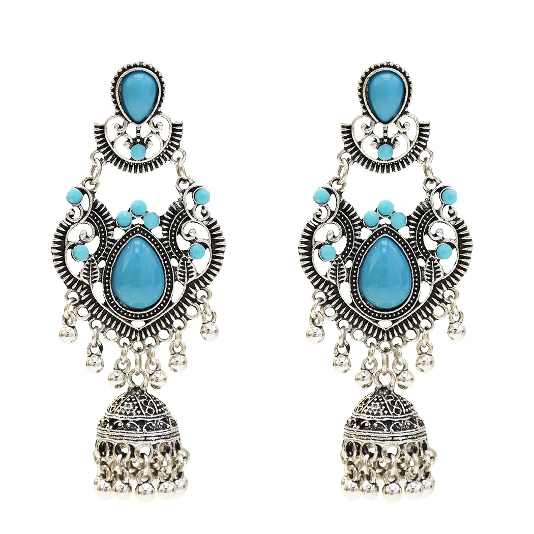 Большие винтажные серебряные серьги jhumka для женщин Boho синие Черные Каменные колокольчики кисточкой Висячие серьги Афган индийские массивные ювелирные изделия
