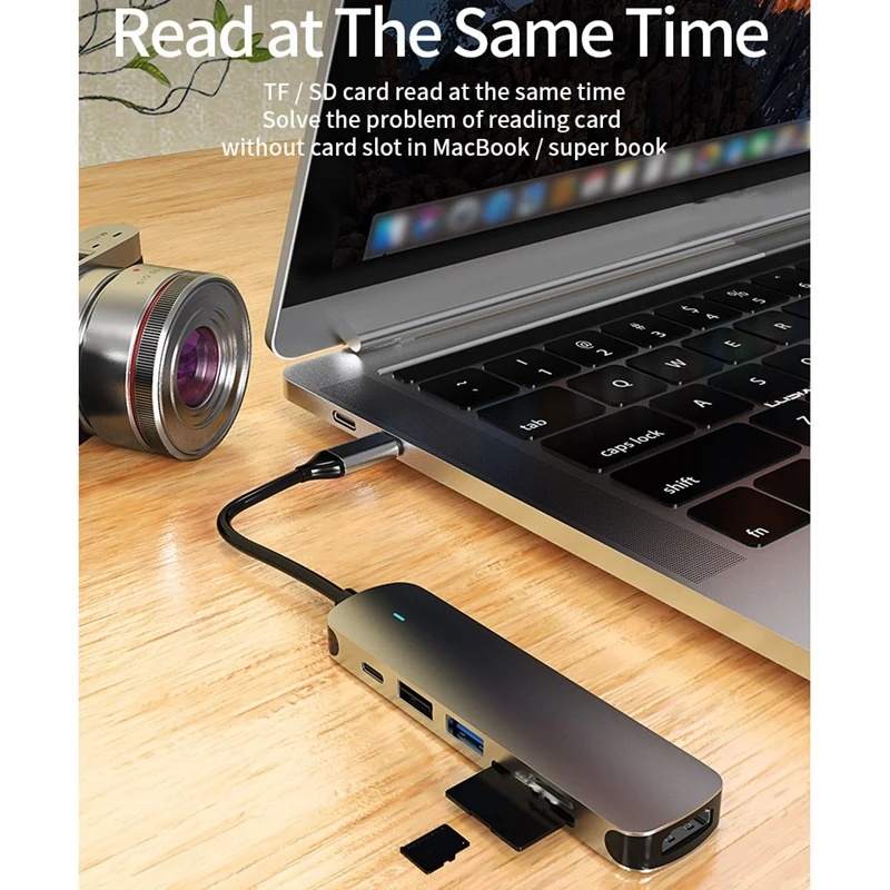 

6 in 1 USB C Converter HUB Type-C to HDMI-Compatible 4K SD/TF Card Reader USB2.0 USB 3.0 PD 60W Charger HUB Adapter
